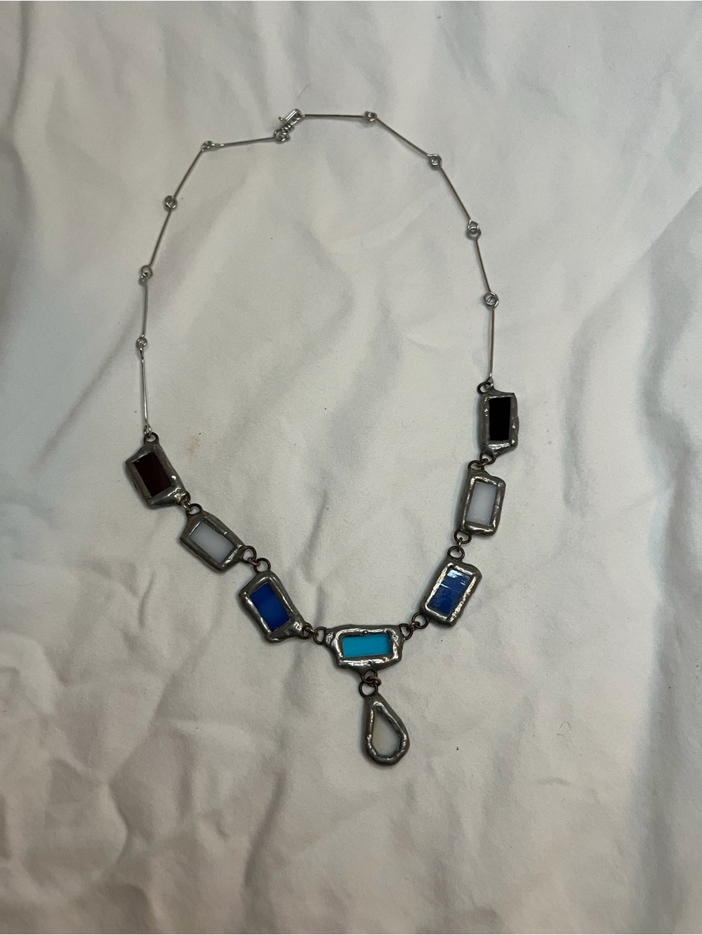 Multicolor Geometric Stone Pendant Necklace - Silver Tone handmade